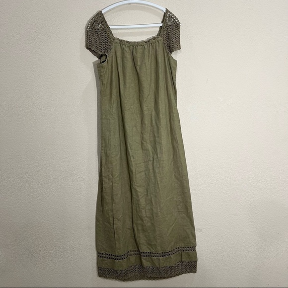 Saint Tropez West Carole Little Crochet  Dress Linen Green Khaki Maxi SZ 6 Fairy - Picture 9 of 10